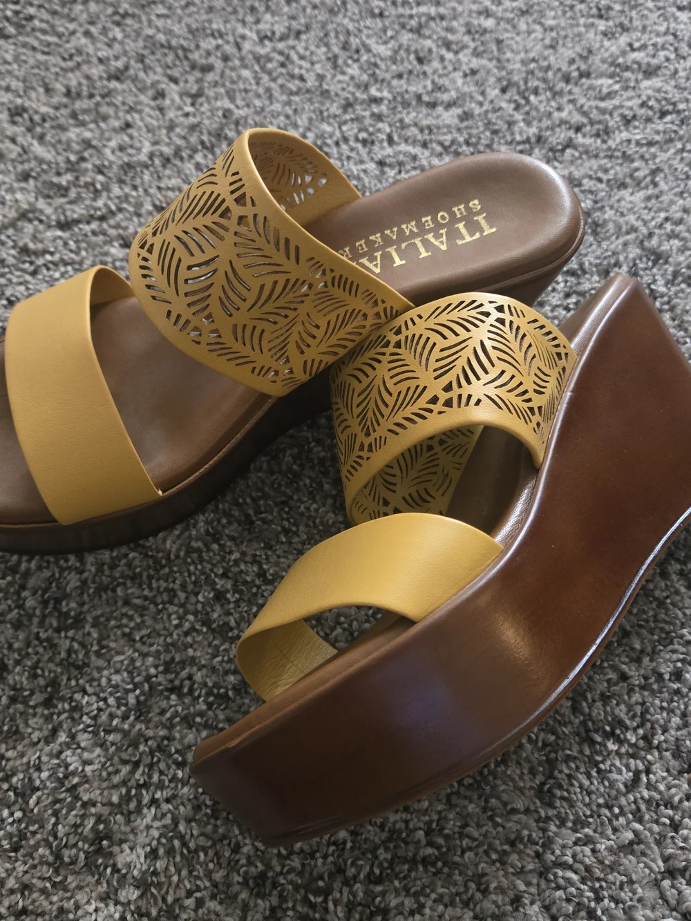 Italian Shoemakers Yellow and Brown Laser-Cut Platform Sandals